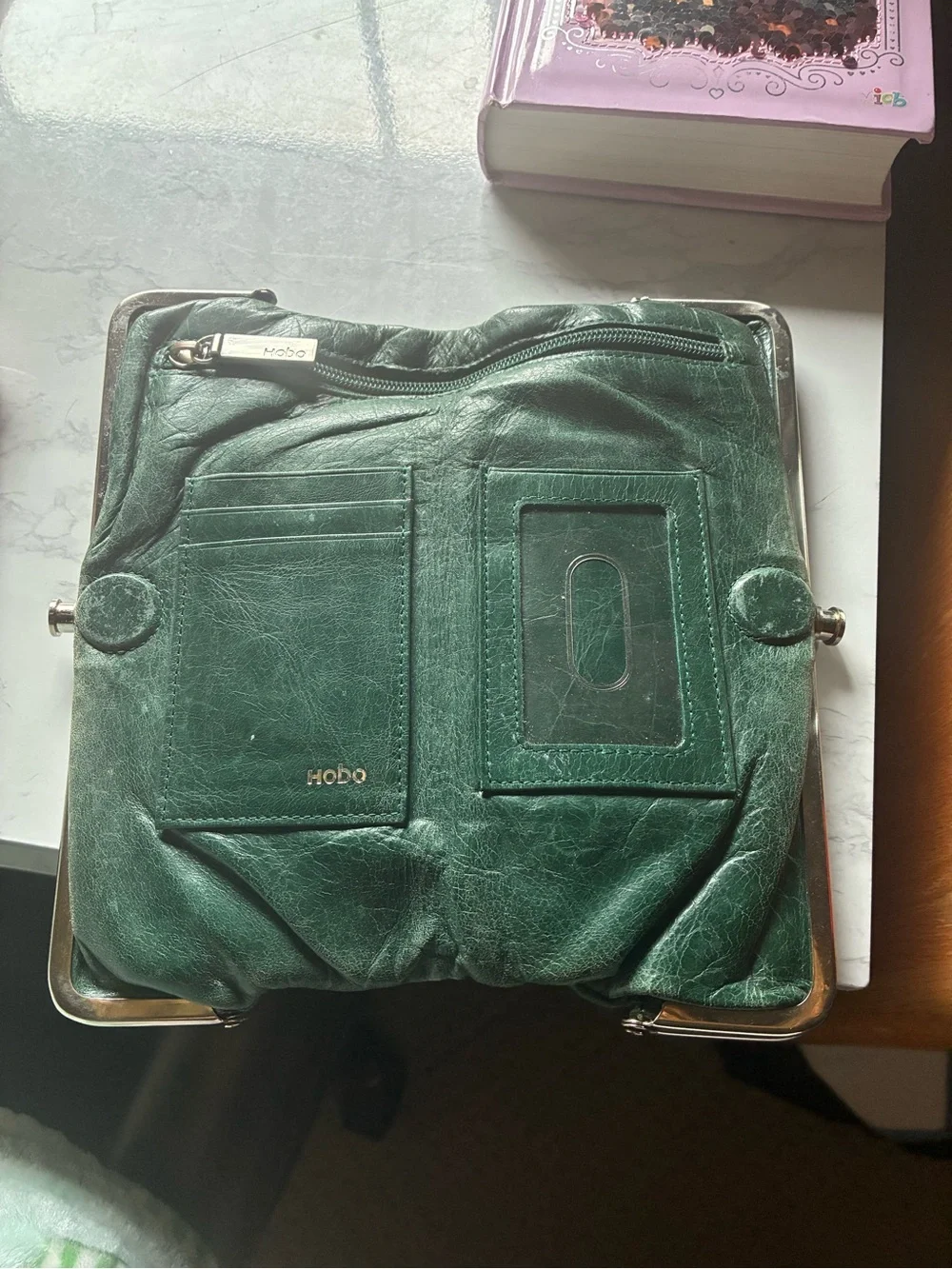 HOBO Lauren Dark Green Leather Double Frame Kiss Lock Clutch Wallet
